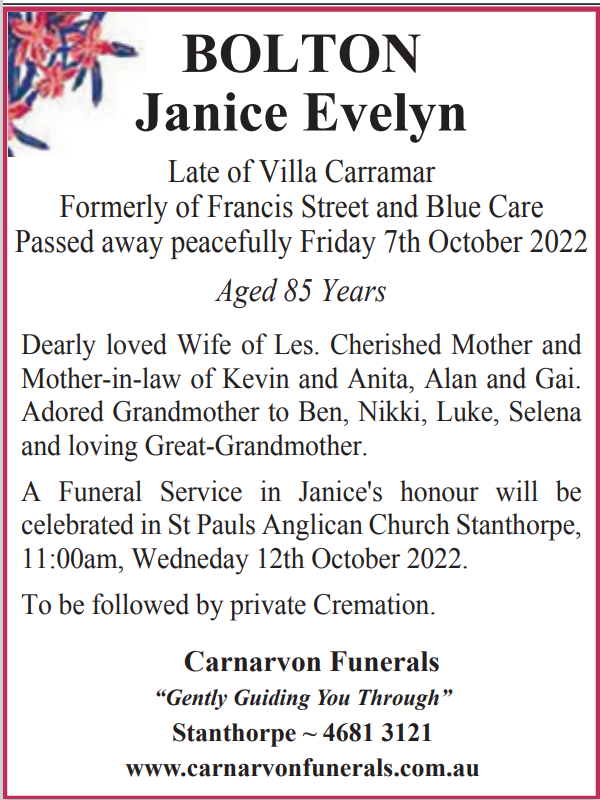 Bolton, Janice Evelyn Carnarvon Funeral Services